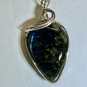 Blue and Sterling Silver Labradorite Necklace with Intricate Wire Wrap